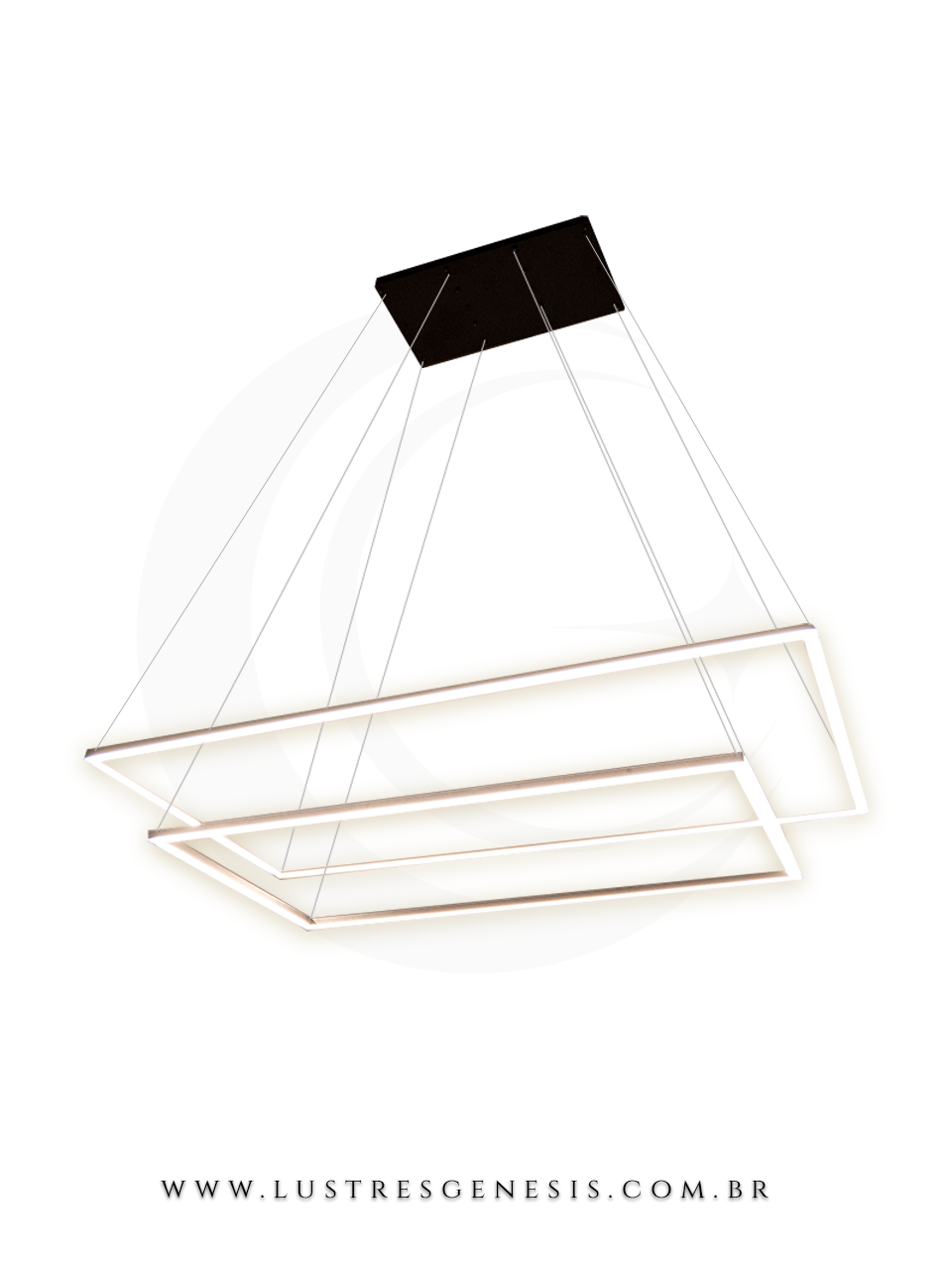 Lustre de LED quadrado sob medida modelo preto, ideal para casas com pé direito duplo ou alto, design moderno da Lustres Gênesis.